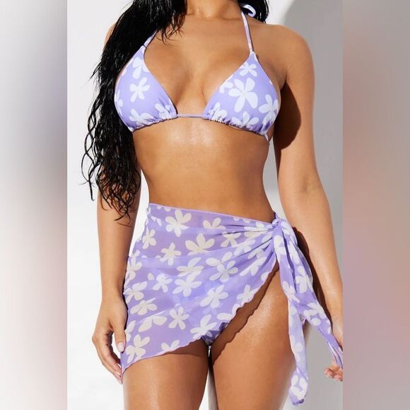 Purple and White Tie-Dye Bikini Set with Sarong - Picture 1 of 10